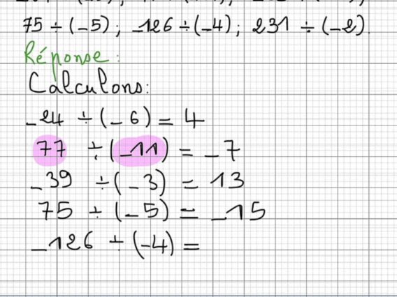 Exercice11 sur le cours des nombres décimaux relatifs produit et quotient 1er Ac