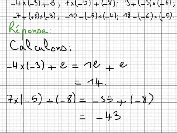 exercice4 sur le cours des nombres décimaux relatifs produit et quotient 1er AC