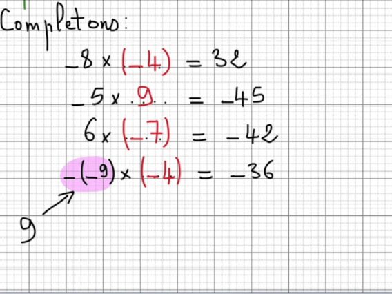Exercice9 sur le cours des nombres décimaux relatifs produit et quotient 1er Ac